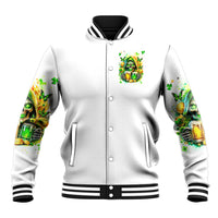 White unisex zip-up baseball jacket with black stand collar, striped trim, skull beer print