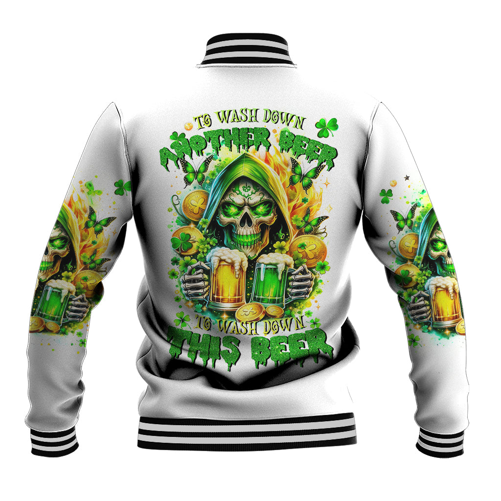 White unisex baseball jacket with striped ribbed trim and skull beer graphic