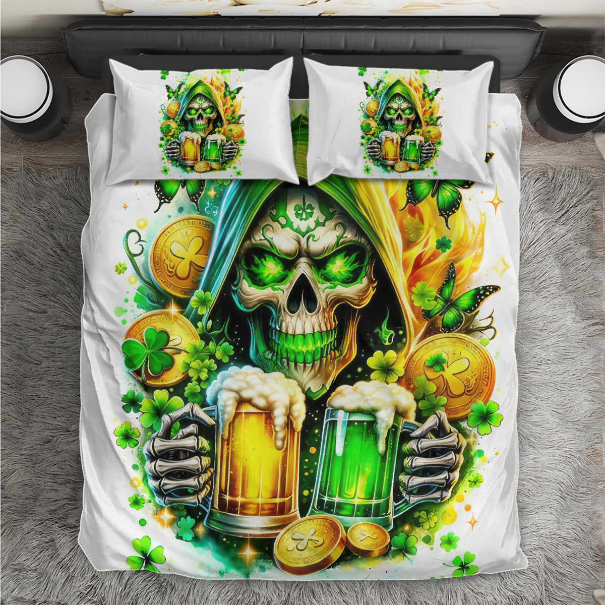 White duvet cover and matching pillowcases with green skull and beer mugs artwork