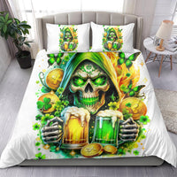 White bedding set with green skull center design and two beer-mug patterned pillowcases