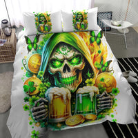 White duvet cover and pillowcases featuring a glowing green skull with clovers and beer