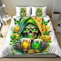 White bedding set with skull illustration, shamrocks, butterflies, and two decorative pillowcases