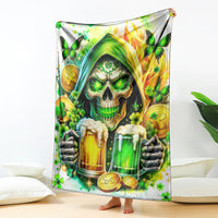 White skull and beer bottle themed throw blanket, displayed upright with butterflies