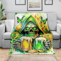 White throw blanket with glowing green skull and beer mugs design on sofa