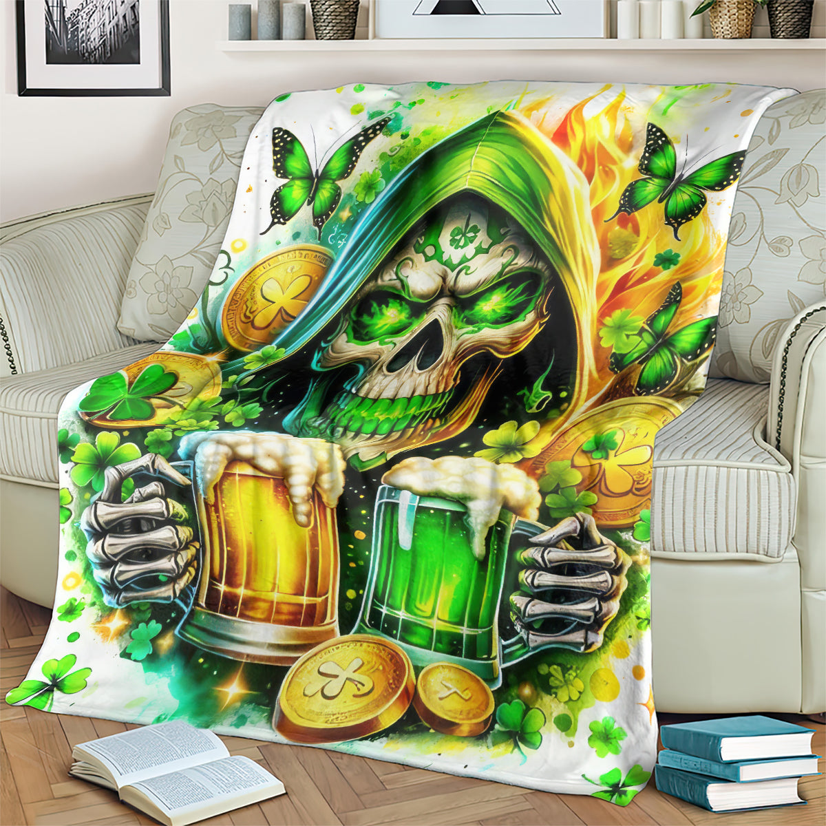 White skull and beer bottle throw blanket with green flame hood and butterflies
