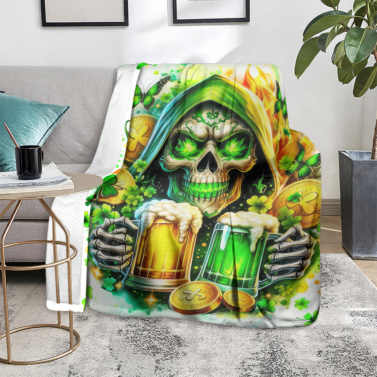 White skull and beer bottle throw blanket, draped on chair over grey rug