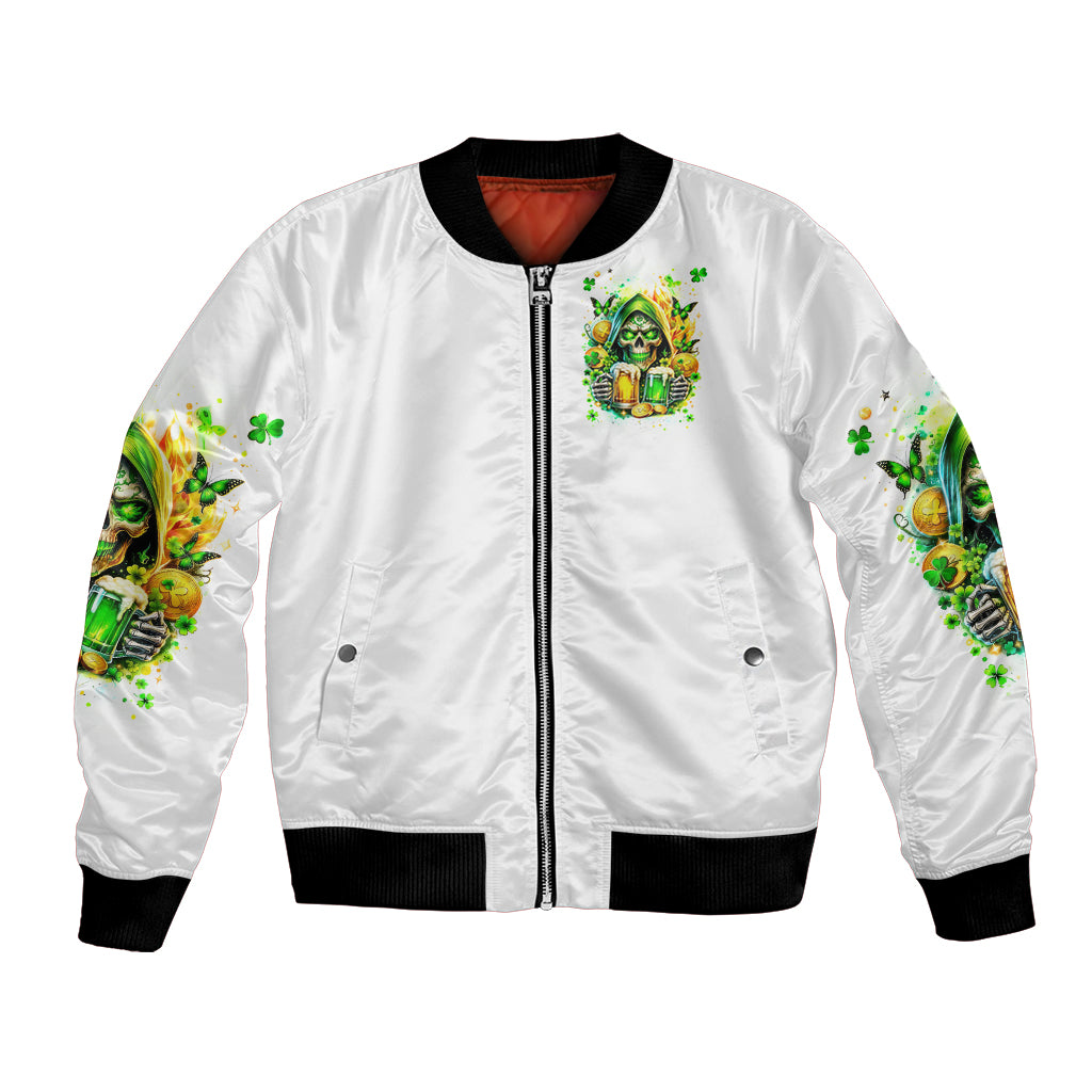 White bomber jacket with front zip, ribbed cuffs/hem, green skull beer graphics on sleeves