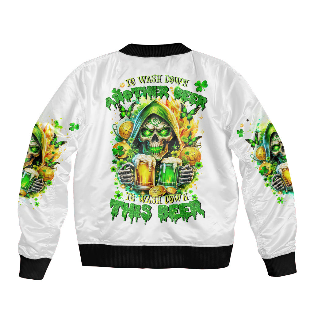 White unisex bomber jacket with ribbed collar cuffs, front zip, green skull beer graphic