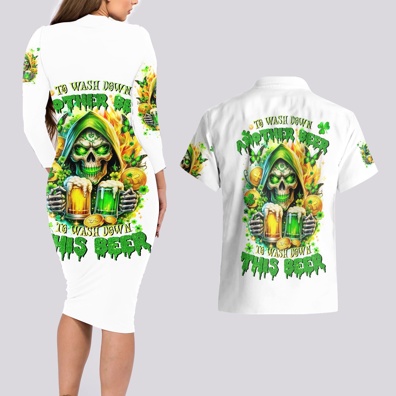 Irish Skull Couples Matching Long Sleeve Bodycon Dress and Hawaiian Shirt To Wash Down Another Beer To Wash Down This Beer - Wonder Print Shop