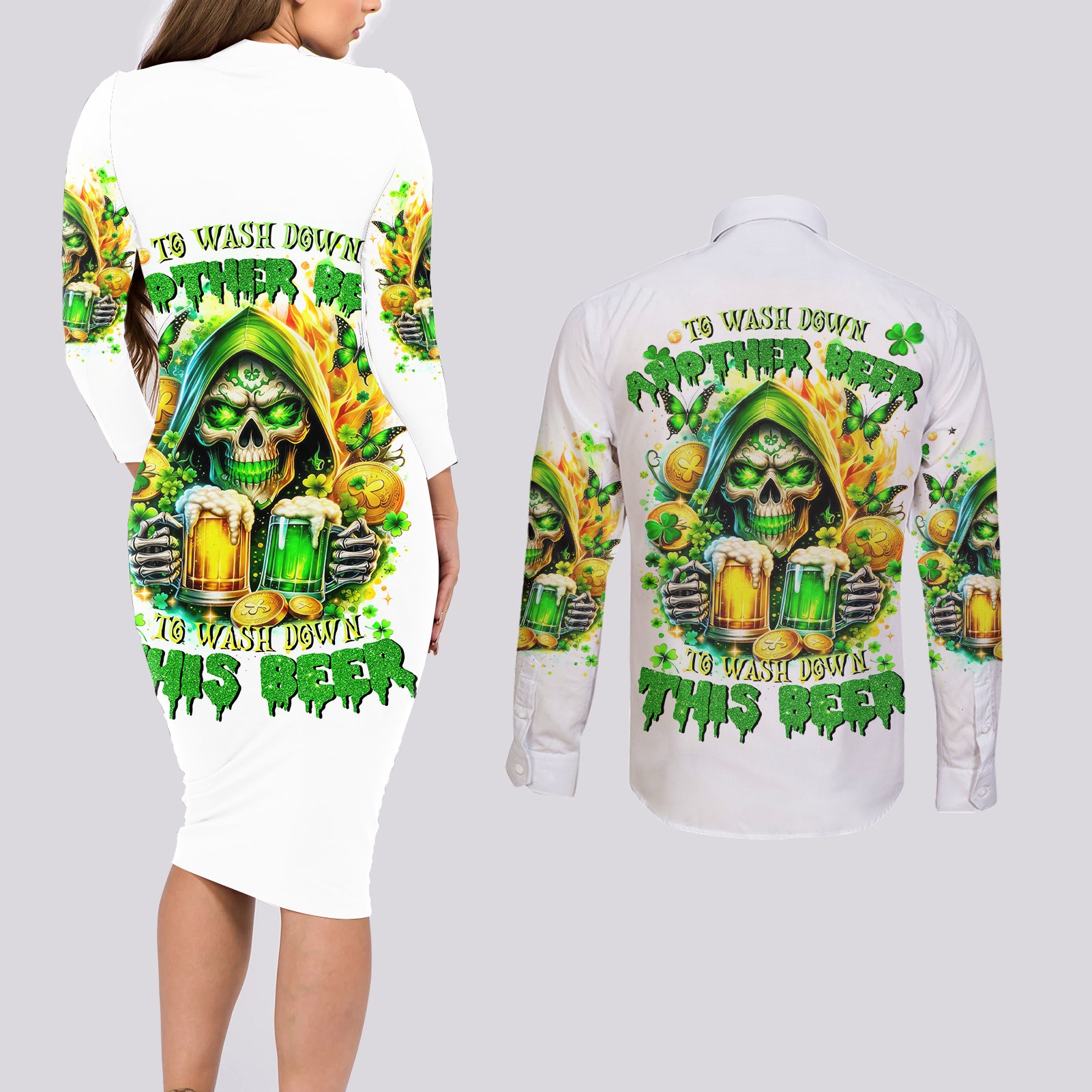 Irish Skull Couples Matching Long Sleeve Bodycon Dress and Long Sleeve Button Shirt To Wash Down Another Beer To Wash Down This Beer - Wonder Print Shop