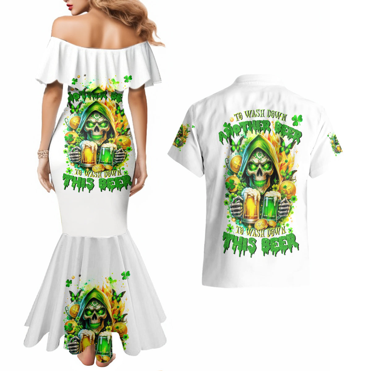 Irish Skull Couples Matching Mermaid Dress and Hawaiian Shirt To Wash Down Another Beer To Wash Down This Beer - Wonder Print Shop