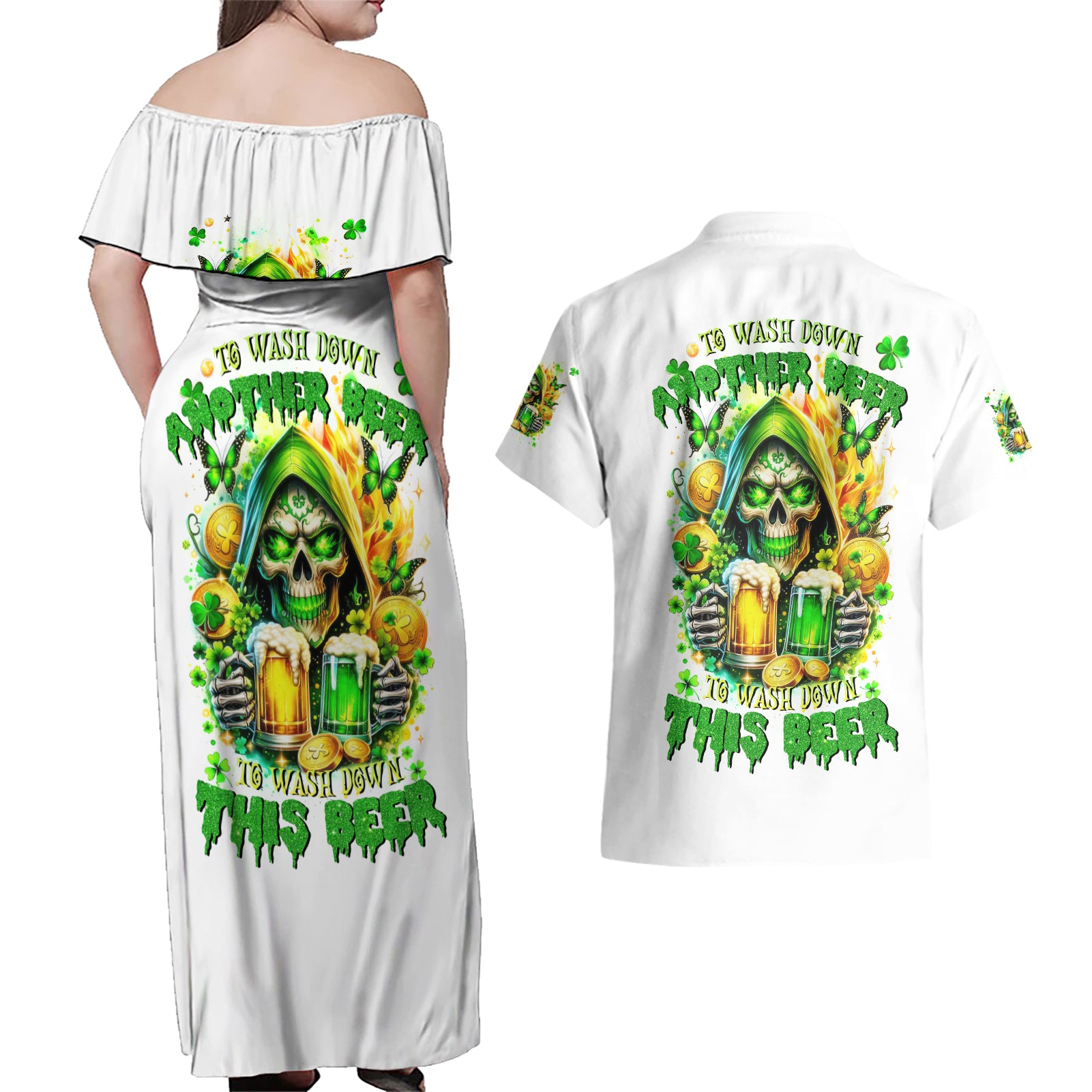 Irish Skull Couples Matching Off Shoulder Maxi Dress and Hawaiian Shirt To Wash Down Another Beer To Wash Down This Beer - Wonder Print Shop