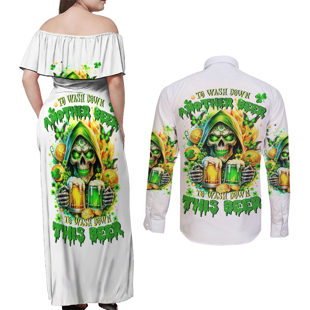 Irish Skull Couples Matching Off Shoulder Maxi Dress and Long Sleeve Button Shirt To Wash Down Another Beer To Wash Down This Beer - Wonder Print Shop