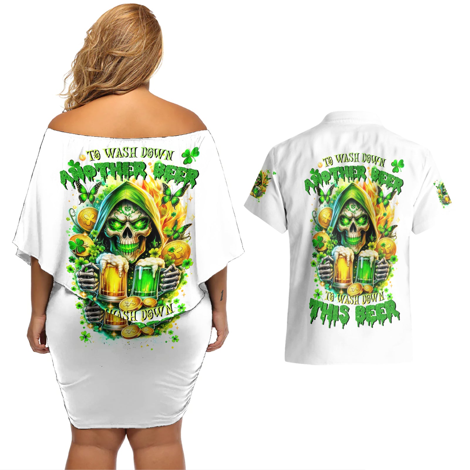 Irish Skull Couples Matching Off Shoulder Short Dress and Hawaiian Shirt To Wash Down Another Beer To Wash Down This Beer - Wonder Print Shop