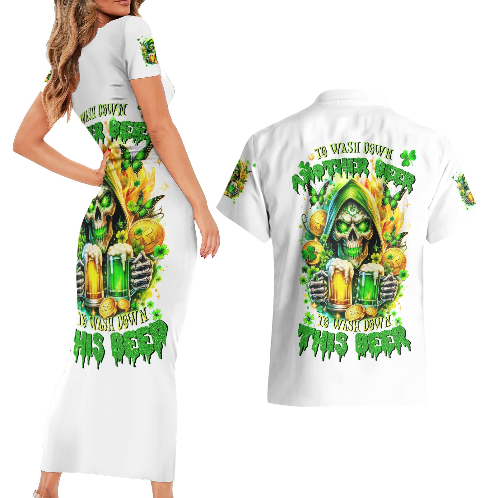 Irish Skull Couples Matching Short Sleeve Bodycon Dress and Hawaiian Shirt To Wash Down Another Beer To Wash Down This Beer - Wonder Print Shop