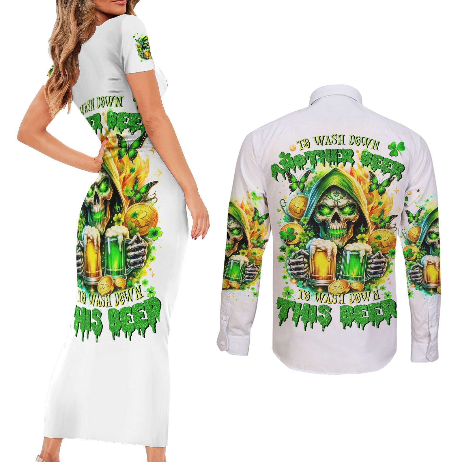 Irish Skull Couples Matching Short Sleeve Bodycon Dress and Long Sleeve Button Shirt To Wash Down Another Beer To Wash Down This Beer - Wonder Print Shop