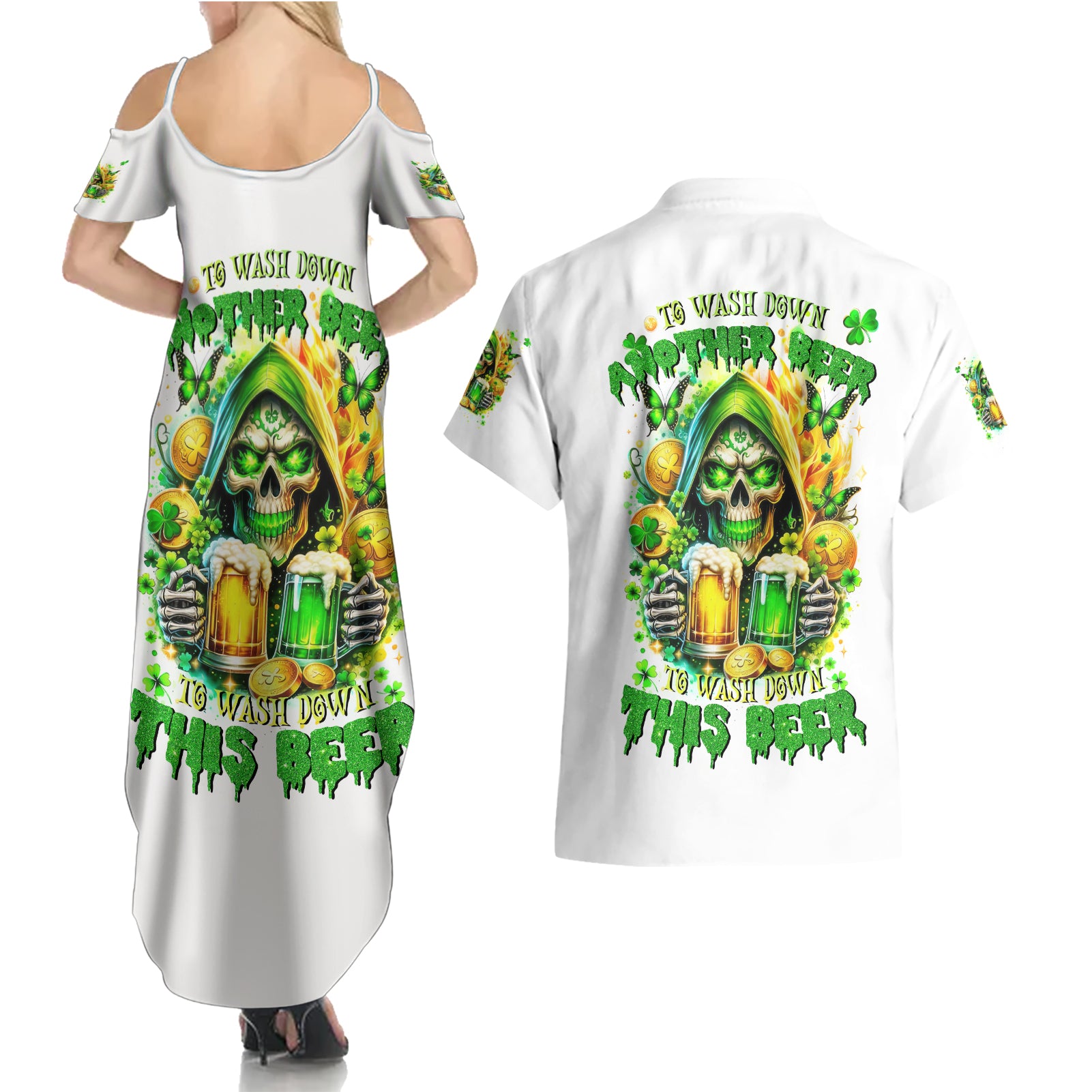 Irish Skull Couples Matching Summer Maxi Dress and Hawaiian Shirt To Wash Down Another Beer To Wash Down This Beer - Wonder Print Shop