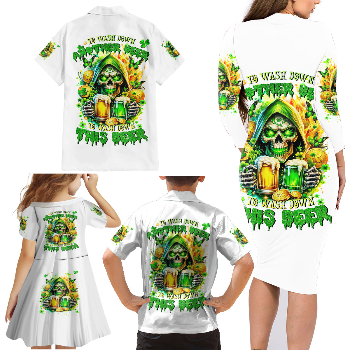 Irish Skull Family Matching Long Sleeve Bodycon Dress and Hawaiian Shirt To Wash Down Another Beer To Wash Down This Beer - Wonder Print Shop