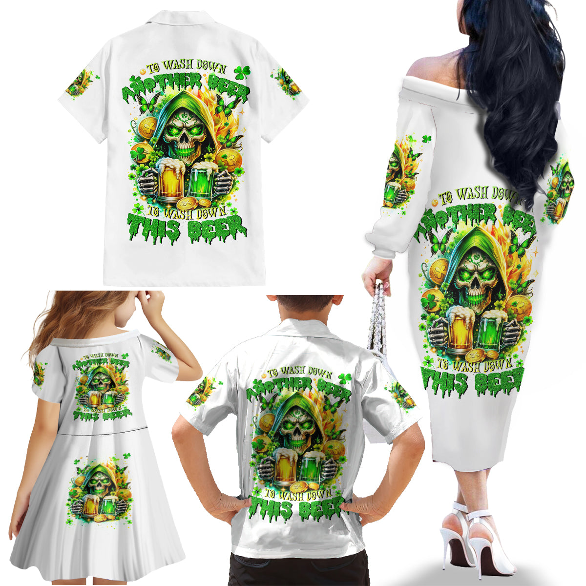 Irish Skull Family Matching Off Shoulder Long Sleeve Dress and Hawaiian Shirt To Wash Down Another Beer To Wash Down This Beer - Wonder Print Shop