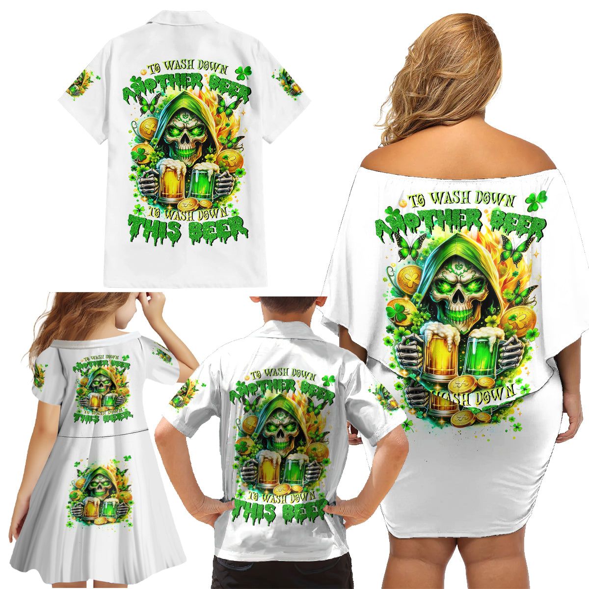 Irish Skull Family Matching Off Shoulder Short Dress and Hawaiian Shirt To Wash Down Another Beer To Wash Down This Beer - Wonder Print Shop