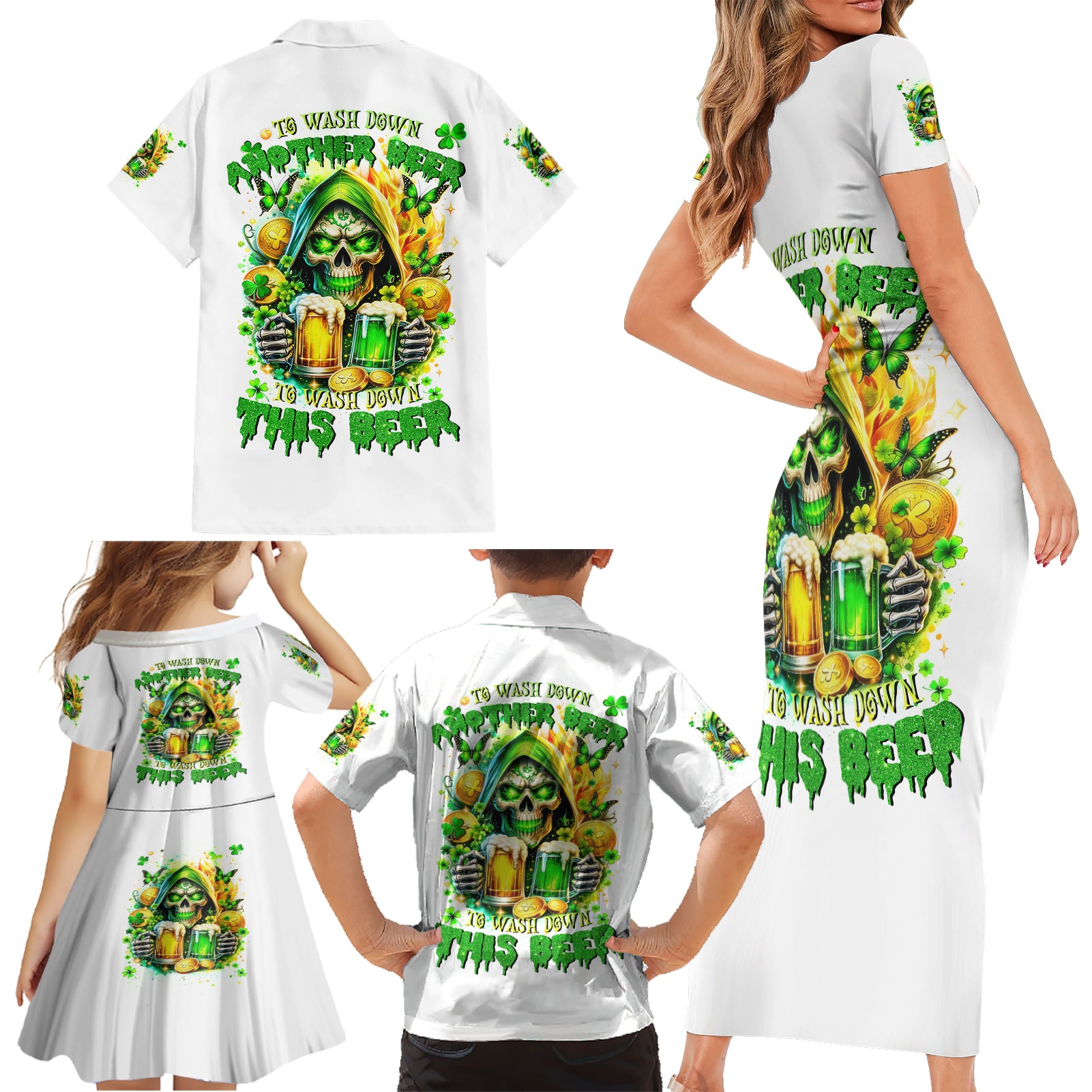 Irish Skull Family Matching Short Sleeve Bodycon Dress and Hawaiian Shirt To Wash Down Another Beer To Wash Down This Beer - Wonder Print Shop