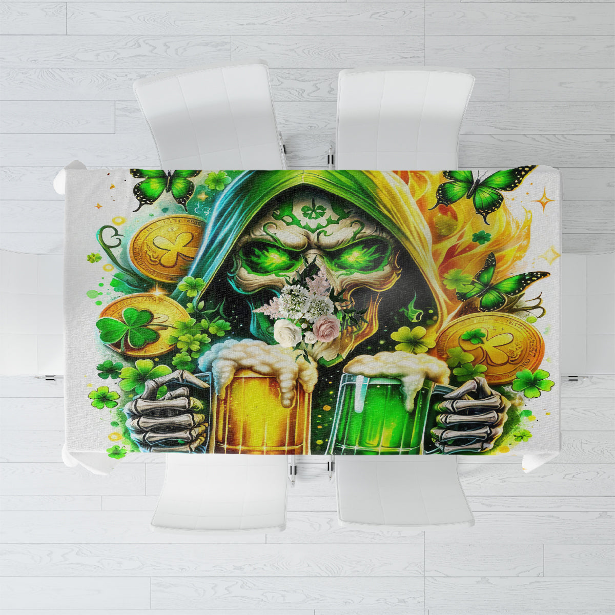 Skull-themed white printed tablecloth with green beer and coins, rectangular hemmed cloth