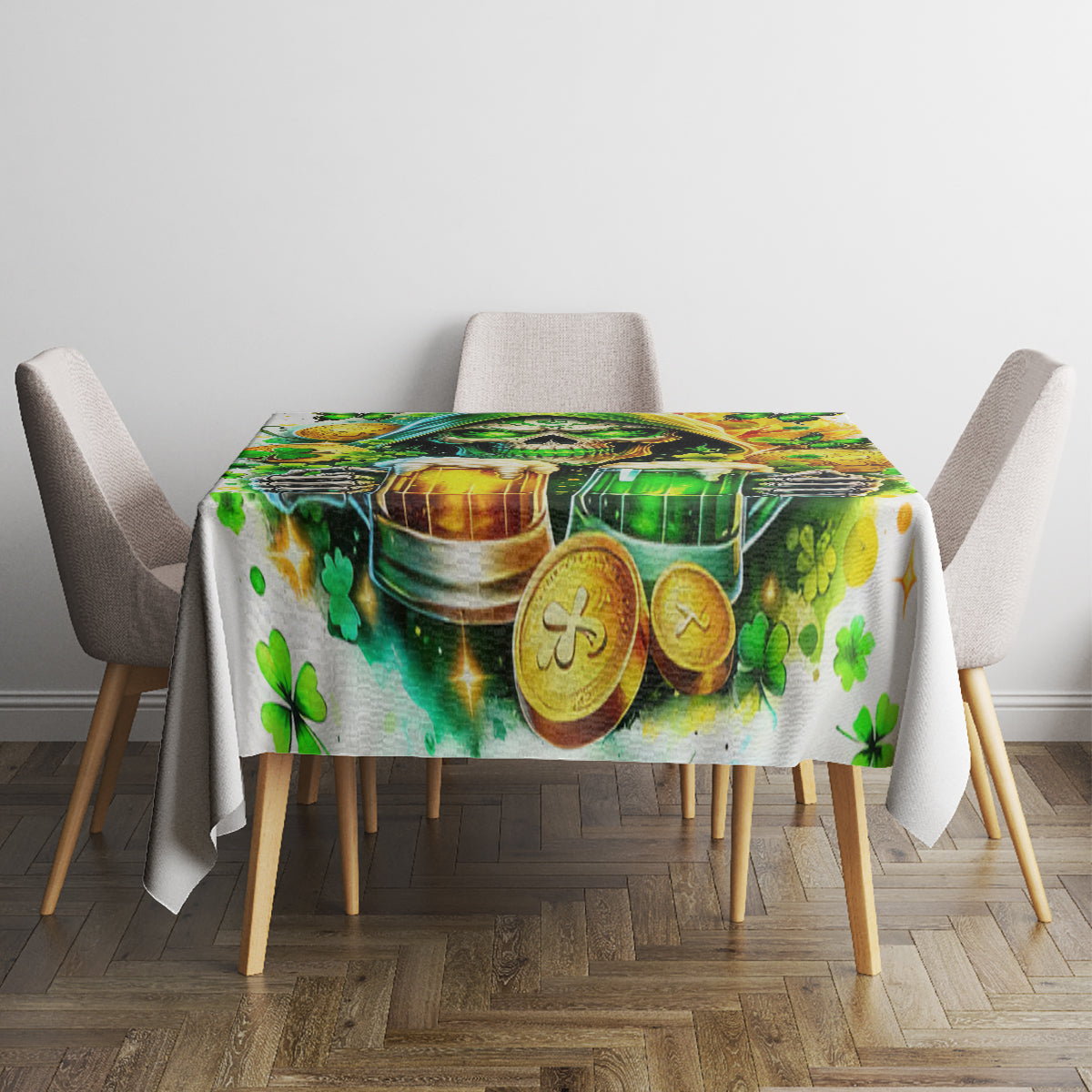 White tablecloth with green beer and gold coins design on dining table, straight drop