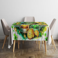 White tablecloth with green beer and gold coins design on dining table, straight drop