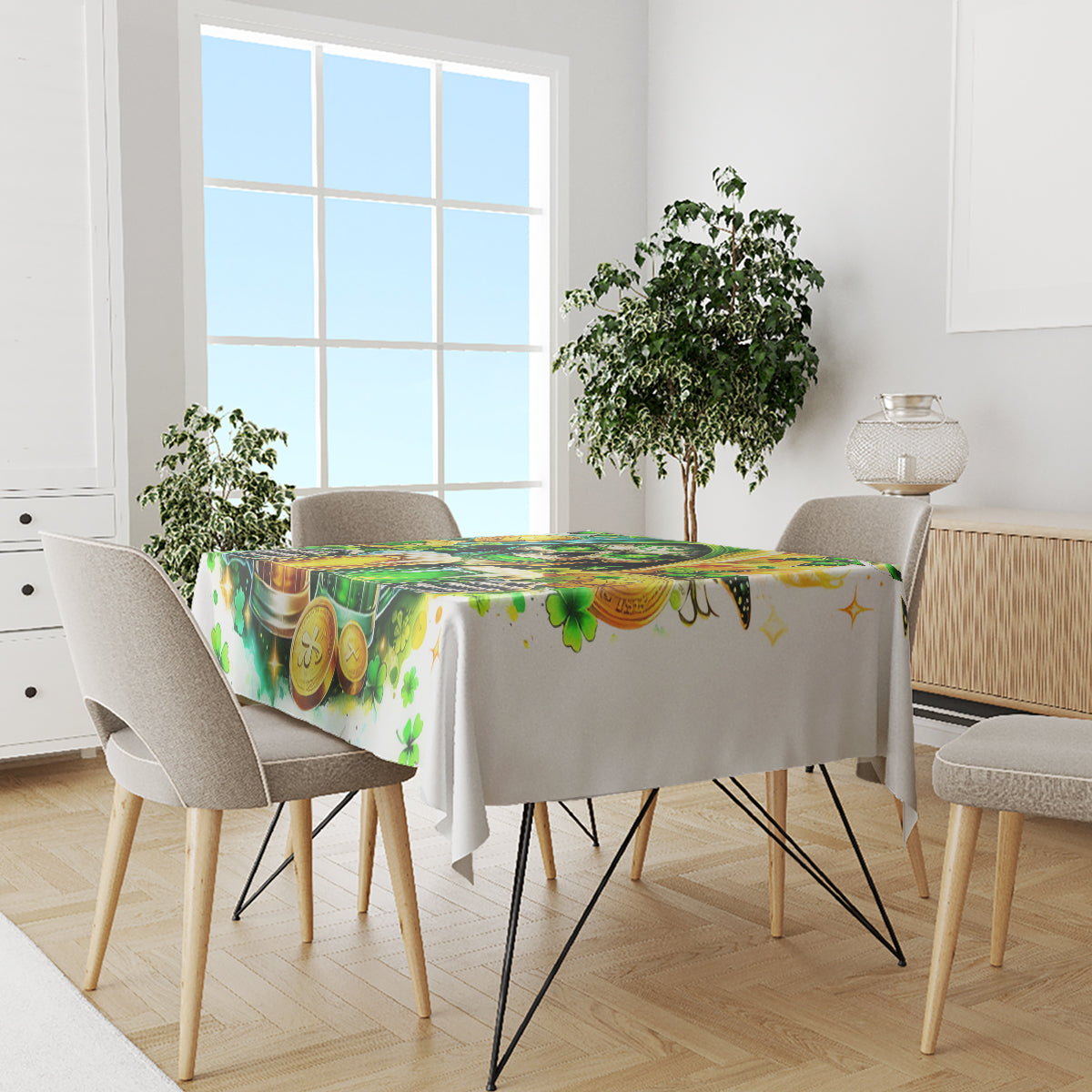White printed tablecloth on dining table, green beer and clover coin motif