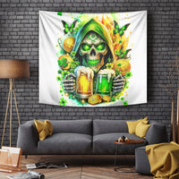 Hanging white skull tapestry with green butterflies, shamrocks, and two beer mugs in artwork.