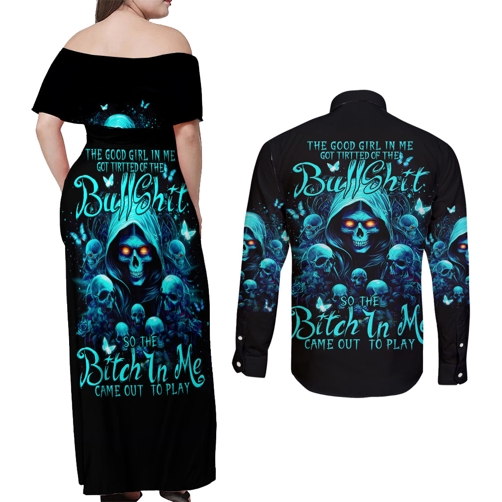 Witch Skull Couples Matching Off Shoulder Maxi Dress and Long Sleeve Button Shirt The Good Girl In Me Got Tired Of The Bullshit - Wonder Print Shop