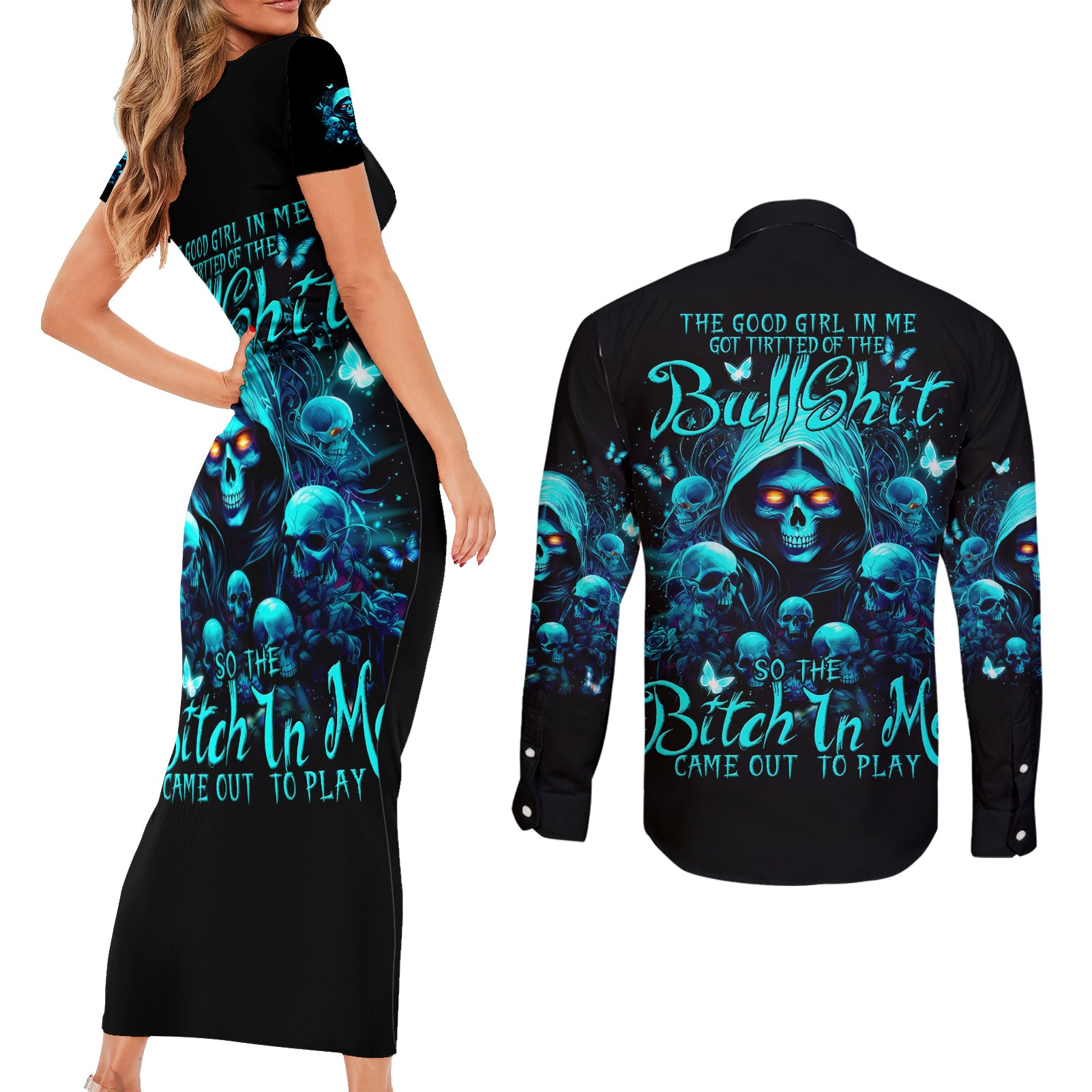 Witch Skull Couples Matching Short Sleeve Bodycon Dress and Long Sleeve Button Shirt The Good Girl In Me Got Tired Of The Bullshit - Wonder Print Shop