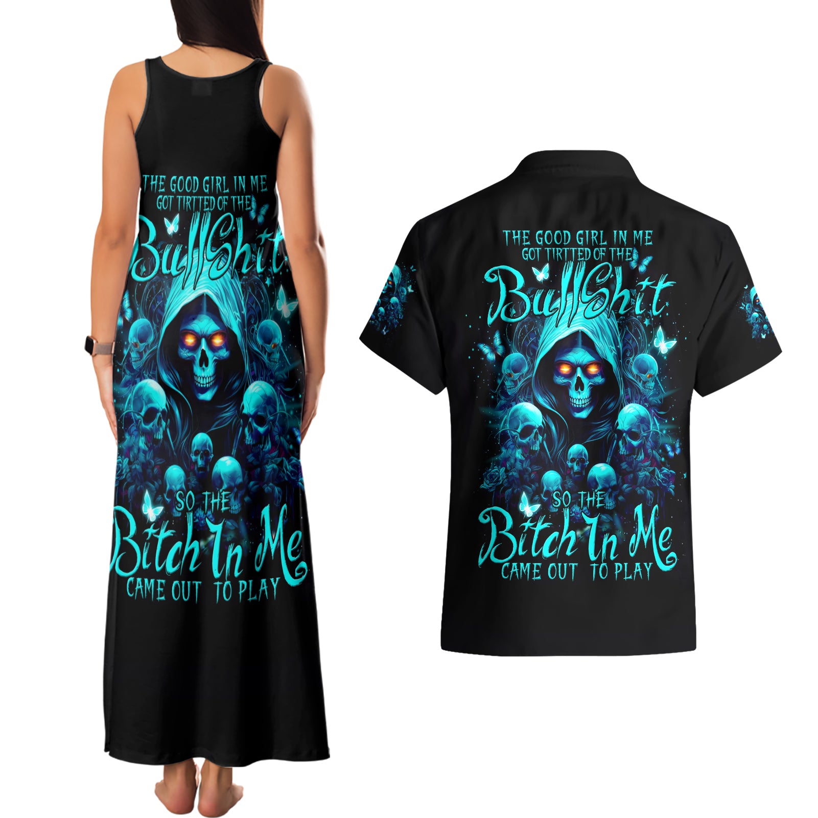 Witch Skull Couples Matching Tank Maxi Dress and Hawaiian Shirt The Good Girl In Me Got Tired Of The Bullshit - Wonder Print Shop