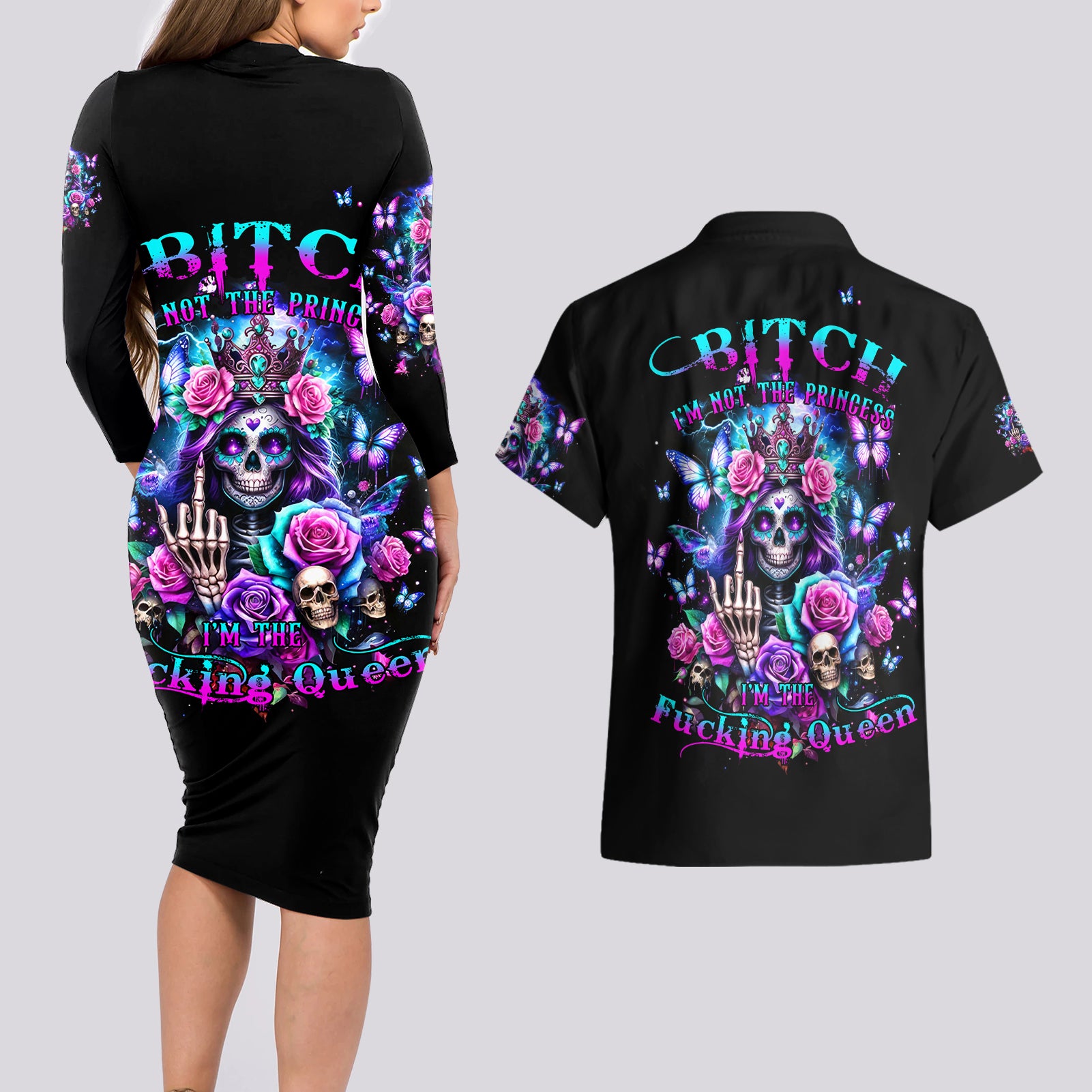 Fairy Skull Couples Matching Long Sleeve Bodycon Dress and Hawaiian Shirt Bitch I'm Not A Princess I'm The Fucking Queen - Wonder Print Shop