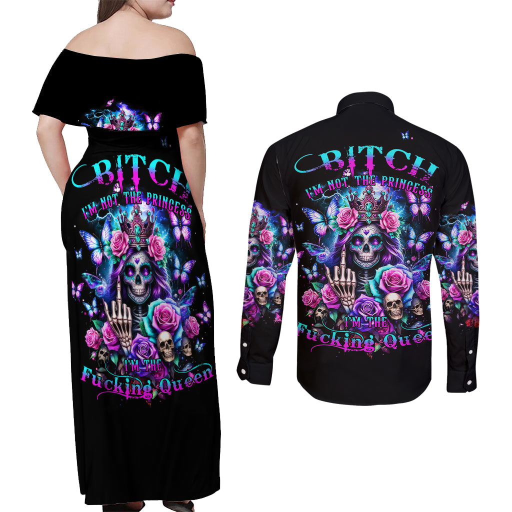 Fairy Skull Couples Matching Off Shoulder Maxi Dress and Long Sleeve Button Shirt Bitch I'm Not A Princess I'm The Fucking Queen - Wonder Print Shop