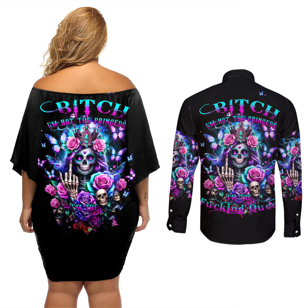 Fairy Skull Couples Matching Off Shoulder Short Dress and Long Sleeve Button Shirt Bitch I'm Not A Princess I'm The Fucking Queen - Wonder Print Shop