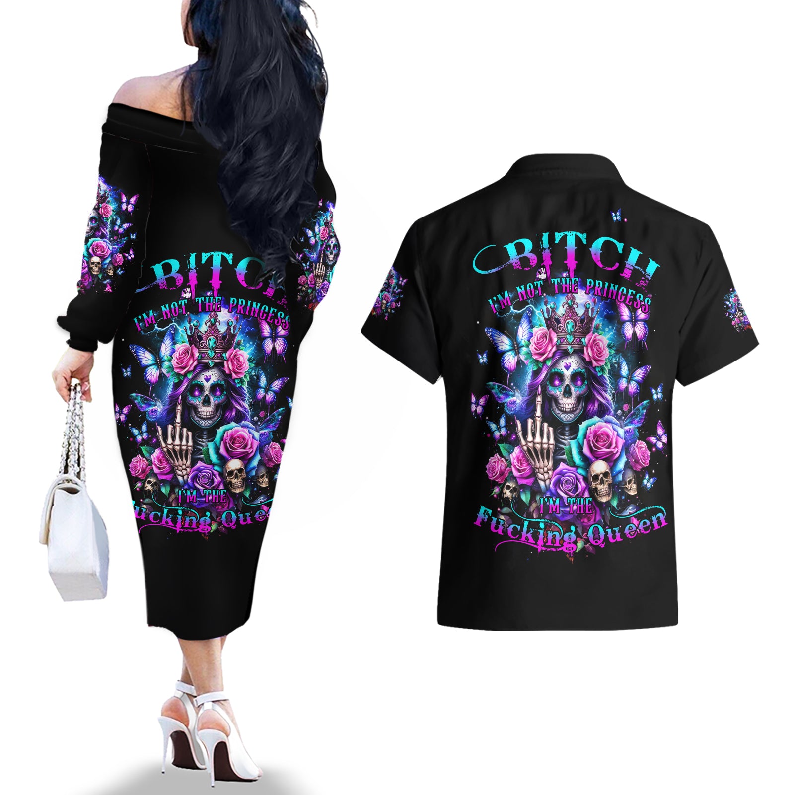 Fairy Skull Couples Matching Off The Shoulder Long Sleeve Dress and Hawaiian Shirt Bitch I'm Not A Princess I'm The Fucking Queen - Wonder Print Shop