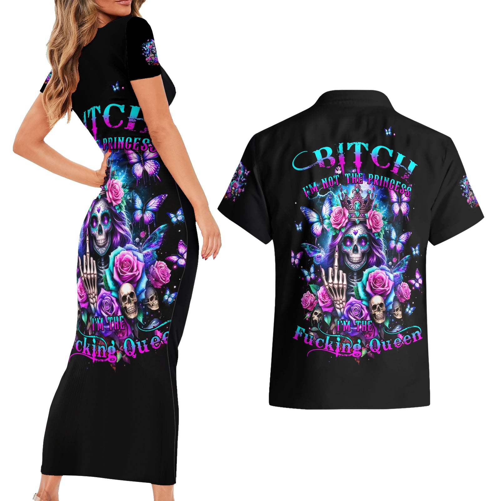 Fairy Skull Couples Matching Short Sleeve Bodycon Dress and Hawaiian Shirt Bitch I'm Not A Princess I'm The Fucking Queen - Wonder Print Shop