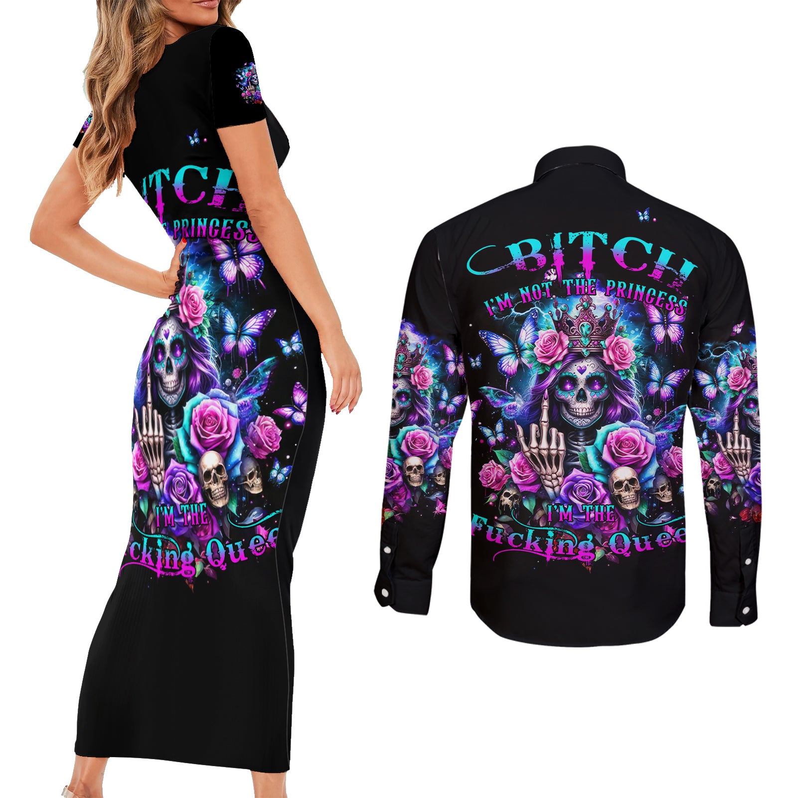 Fairy Skull Couples Matching Short Sleeve Bodycon Dress and Long Sleeve Button Shirt Bitch I'm Not A Princess I'm The Fucking Queen - Wonder Print Shop