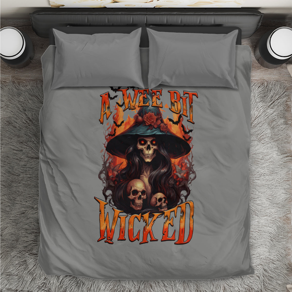 Gray duvet cover bedding set with witch skull artwork and orange text, two pillowcases