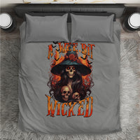 Gray duvet cover bedding set with witch skull artwork and orange text, two pillowcases