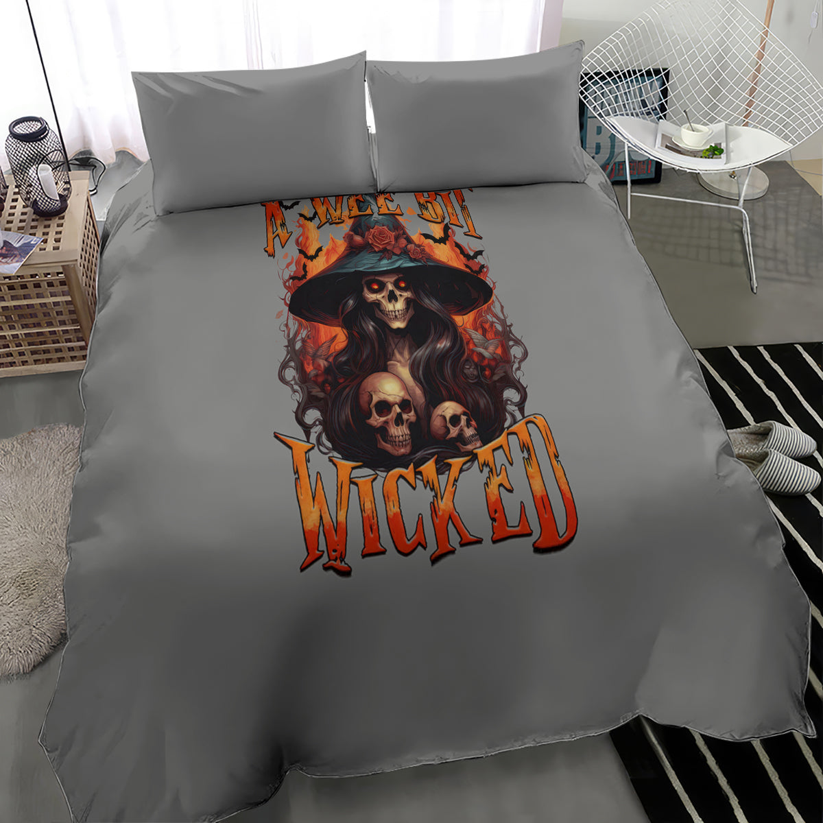 Gray bedding set with large witch skull print on duvet cover and two matching pillowcases