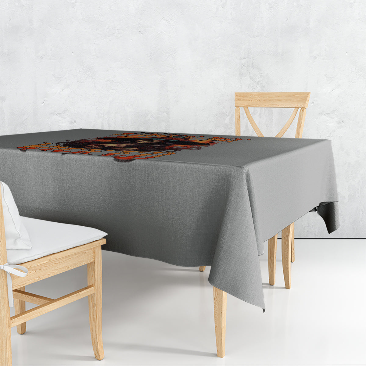 Gray tablecloth with orange witch skull Halloween graphic, corner placement