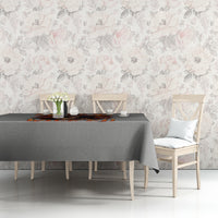 Gray tablecloth with witch skull Halloween graphic along table length, side view