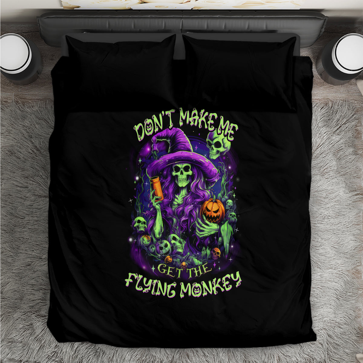Black bedding set with witch skull graphic and pillows, Halloween lettering