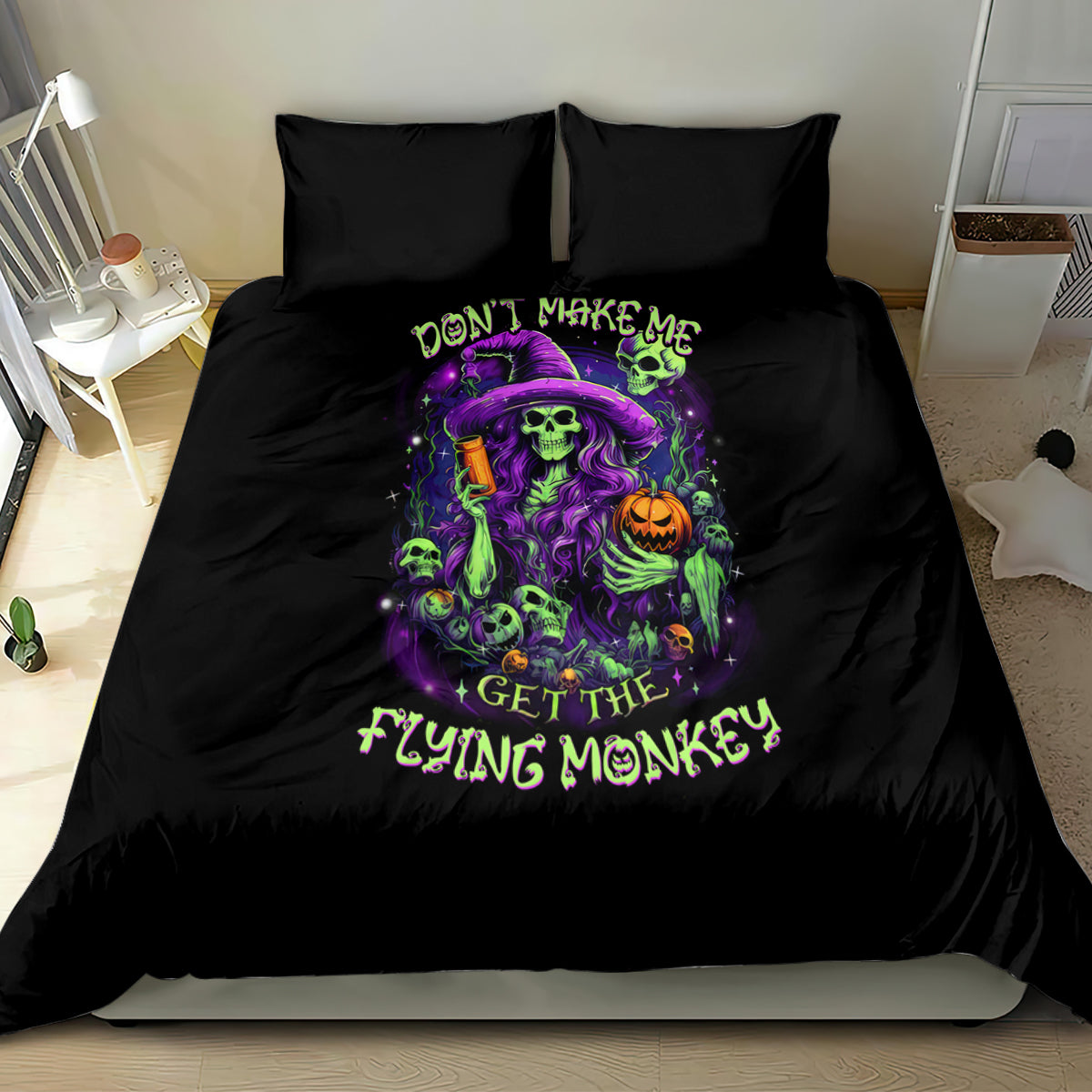 Black bedding set with witch skull, pumpkin, and purple neon Halloween design