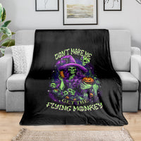 Black witch skull blanket with neon graphic and text 'DON'T MAKE ME' and flying monkey