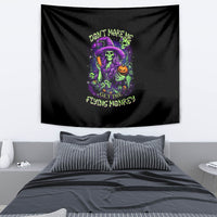 Black skull witch tapestry with neon purple and green “Don’t make me” text