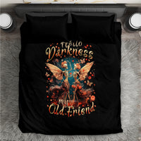 Black duvet and pillow set with winged skeleton artwork and “Darkness my Old Friend”