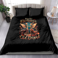 Black bedding set with winged skeleton graphic and “Hello Darkness” text